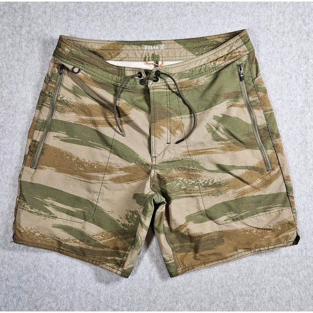 Roark Layover 2.0 Trail Shorts Camo Tiger Strip Sz 31 Drawstring Zip Pocket Mens